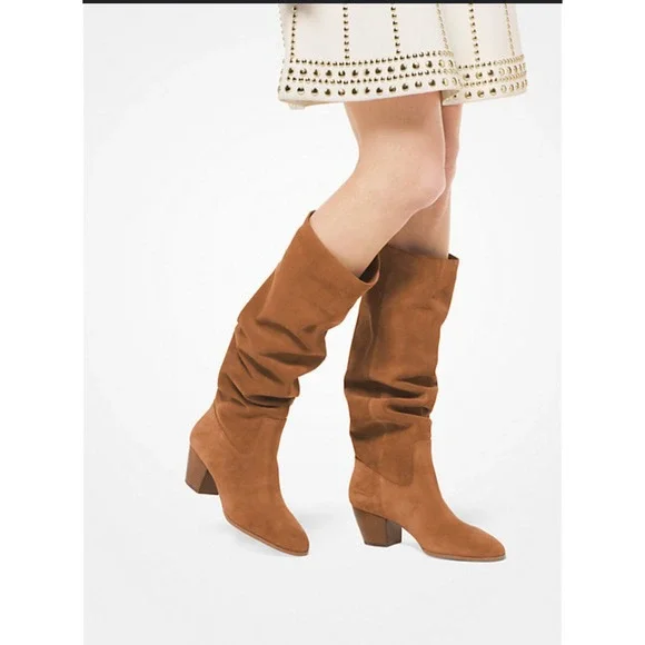 Michael Kors Avery Knee High Suede Leather Boots Stacked Heel Acorn Size 6-6.5 - Picture 13 of 14